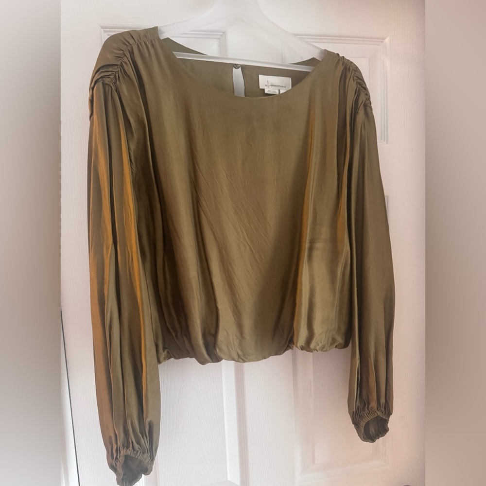 Anthropologie Olive Satin Blouse